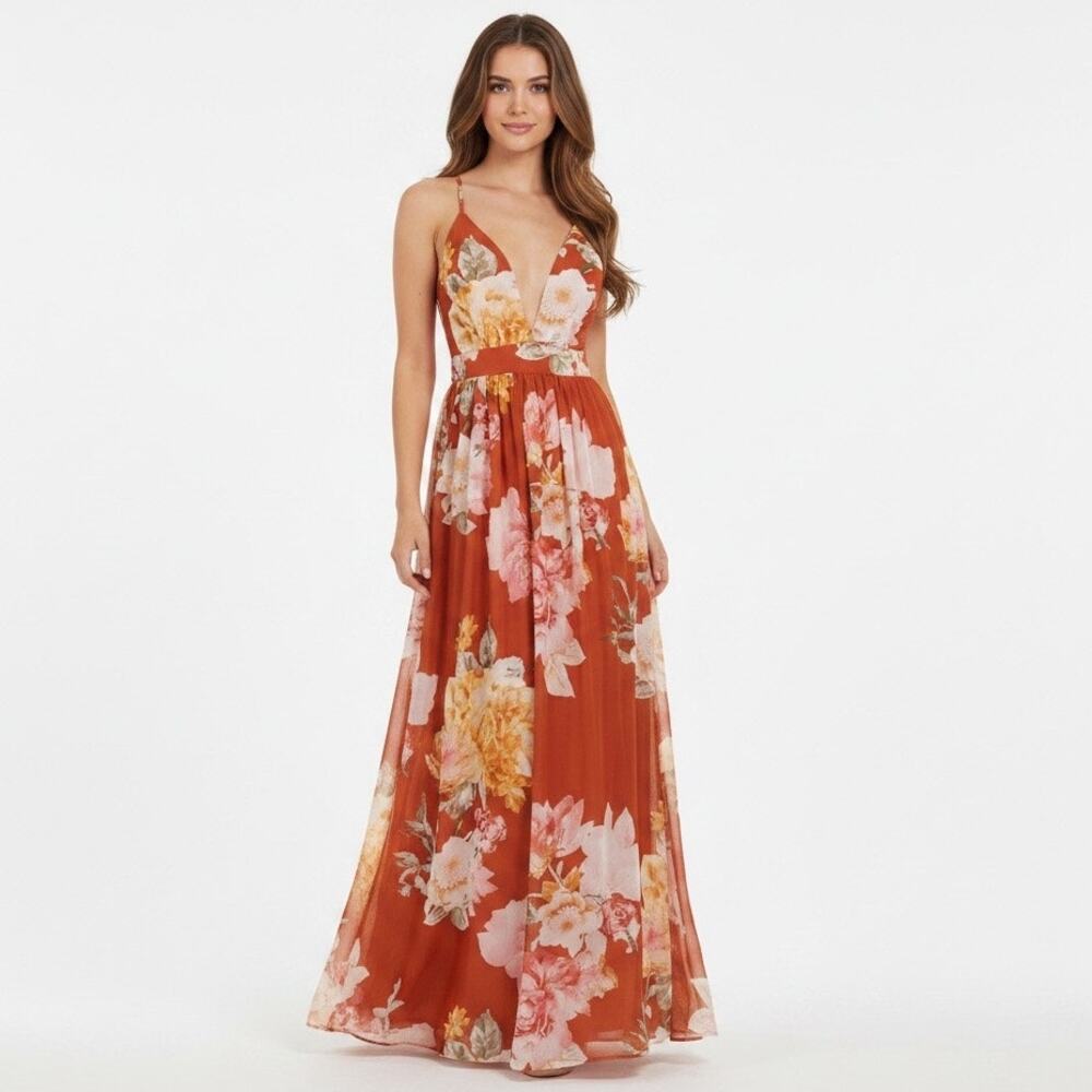 Rust Orange Floral Maxi Dress Deep V Neck Open Back Large Wedding Vacation